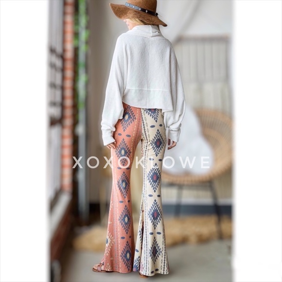 Aztec Print Half & Half Bell Bottom Flares High Waist Slim Fit - Picture 11 of 15
